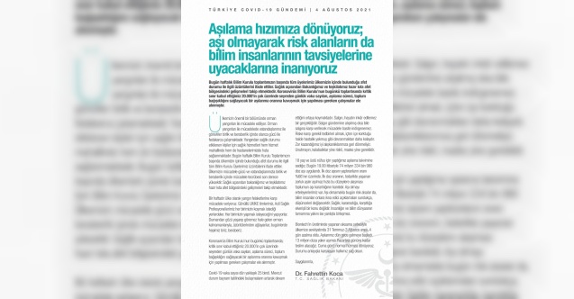 Bakan Koca: “18 yaş ve üstü nüfus için yaptığımız aşılama takvimine sadığız”